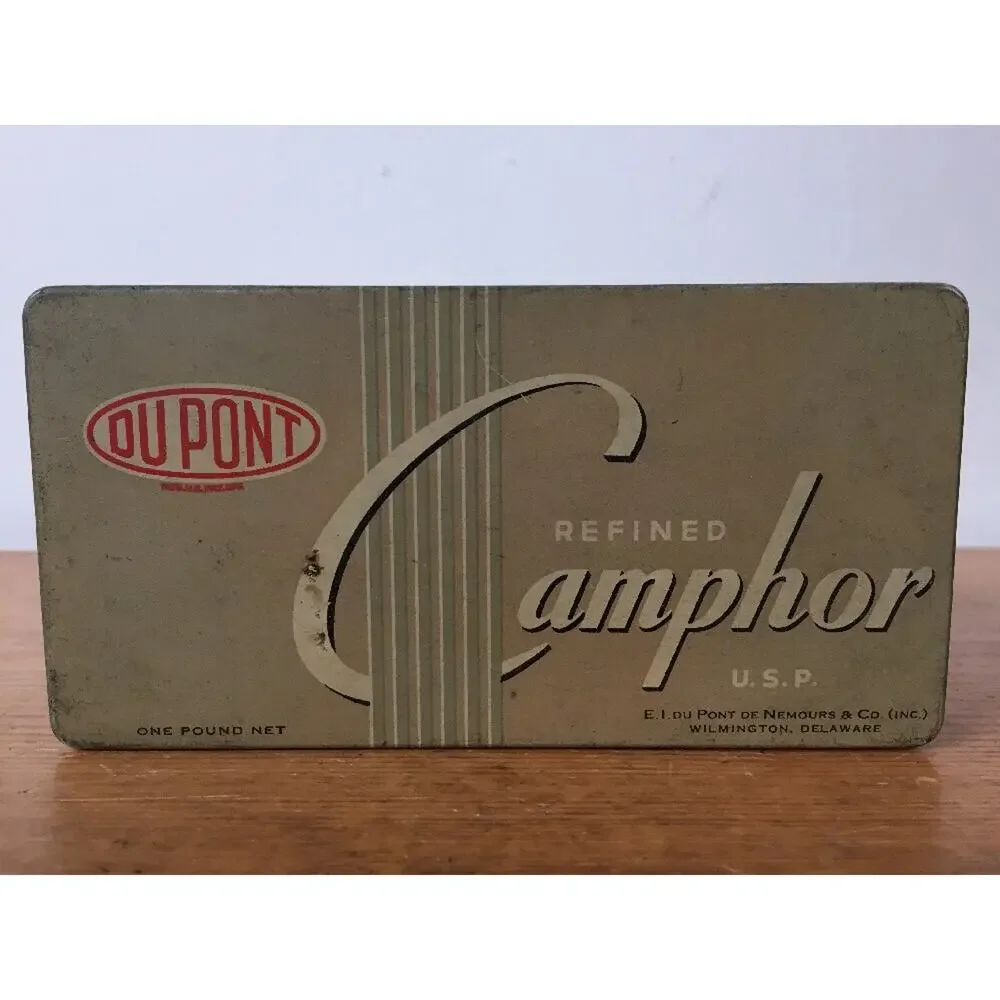 Vintage DuPont Refined Camphor USP 32 Tablet Rectangular Metal Tin Empty